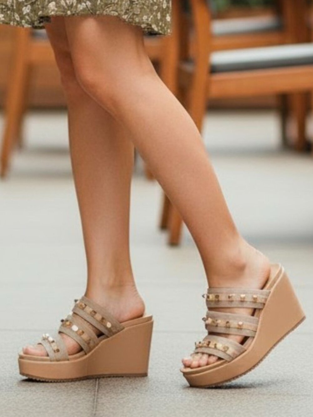 Studded Strap Nude Wedge Sandals For Women - Stylish Slip-On Platform Design Wit